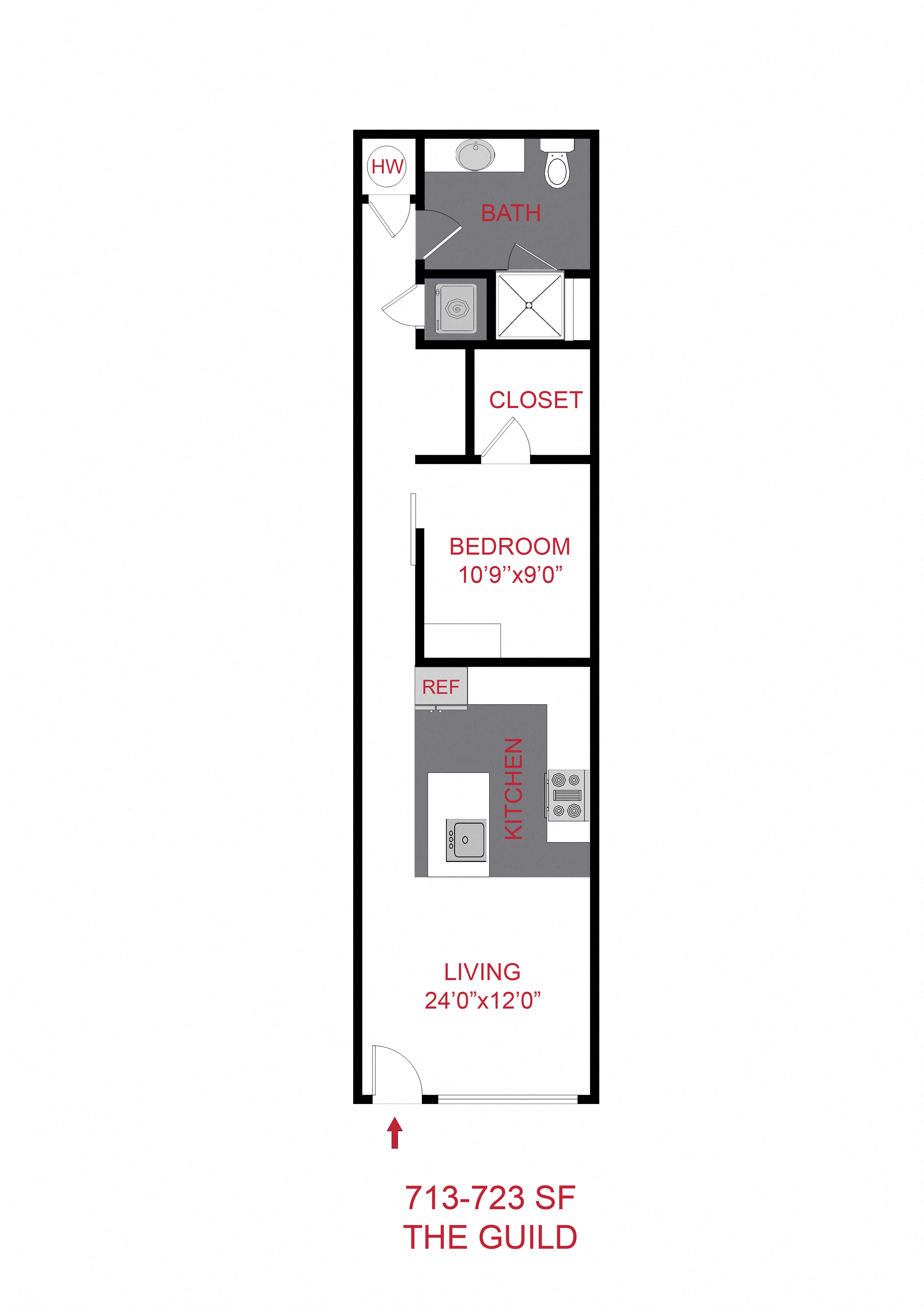 Floor plan for 1 bed, 1 bath, 719 sqft